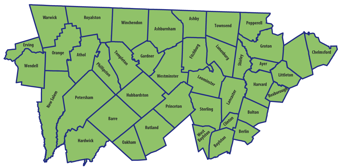 Map of Massachusetts counties served by the Wachusett Business Incubator